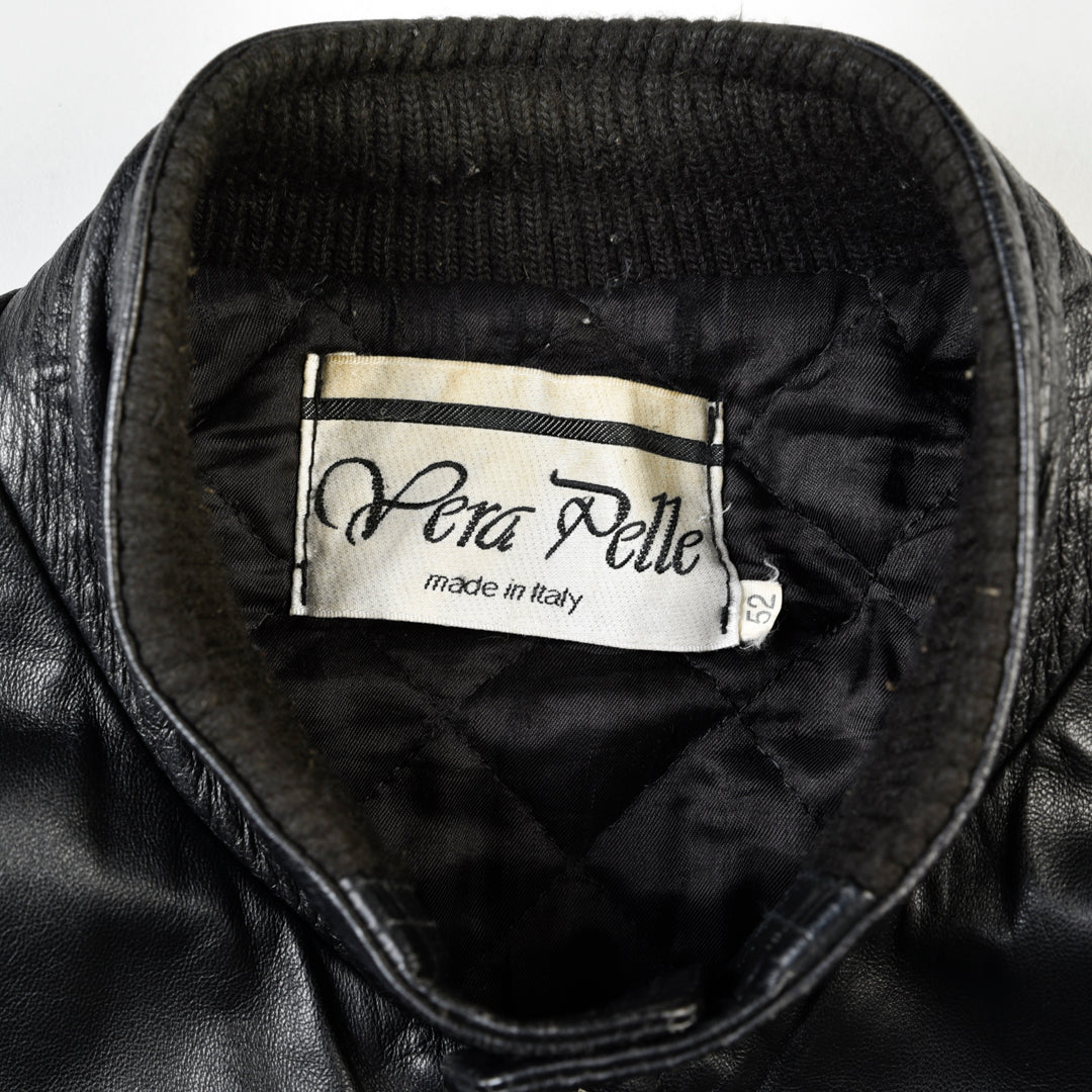 VINTAGE LEATHER BOMBER JACKET BLACK MADE IN ITALY - L/XL