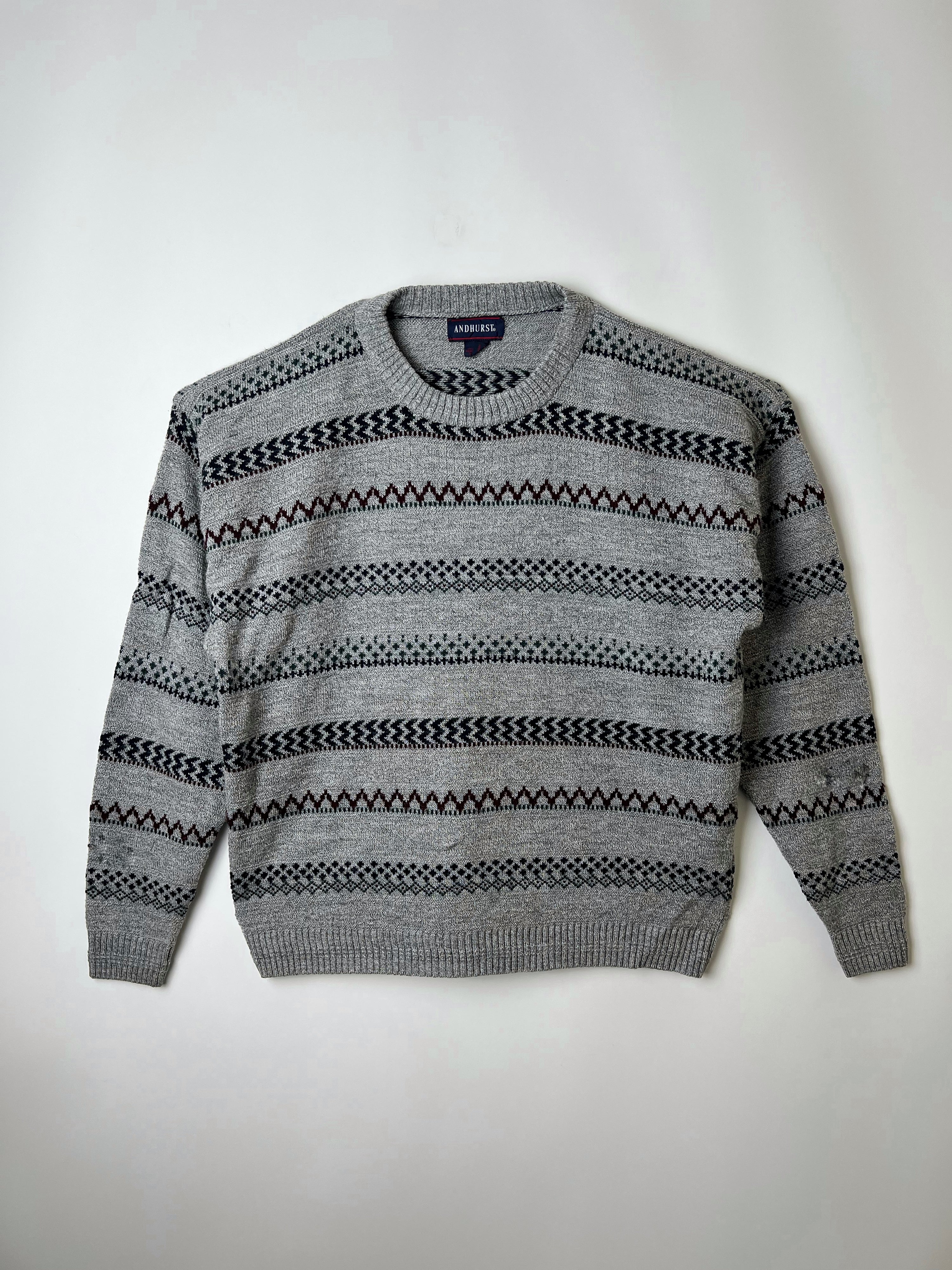 VINTAGE SWEATER COSBY PATTERN CRAZY KNIT GREY - XL