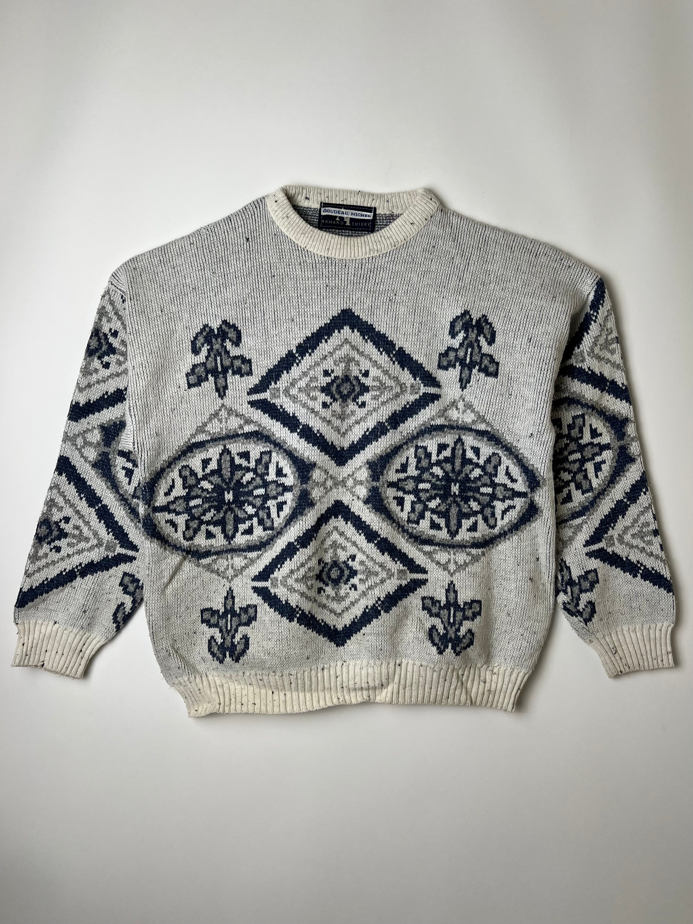ARMAND THIERY SWEATER CRAZY PATTERN KNIT WHITE MADE IN FRANCE - S
