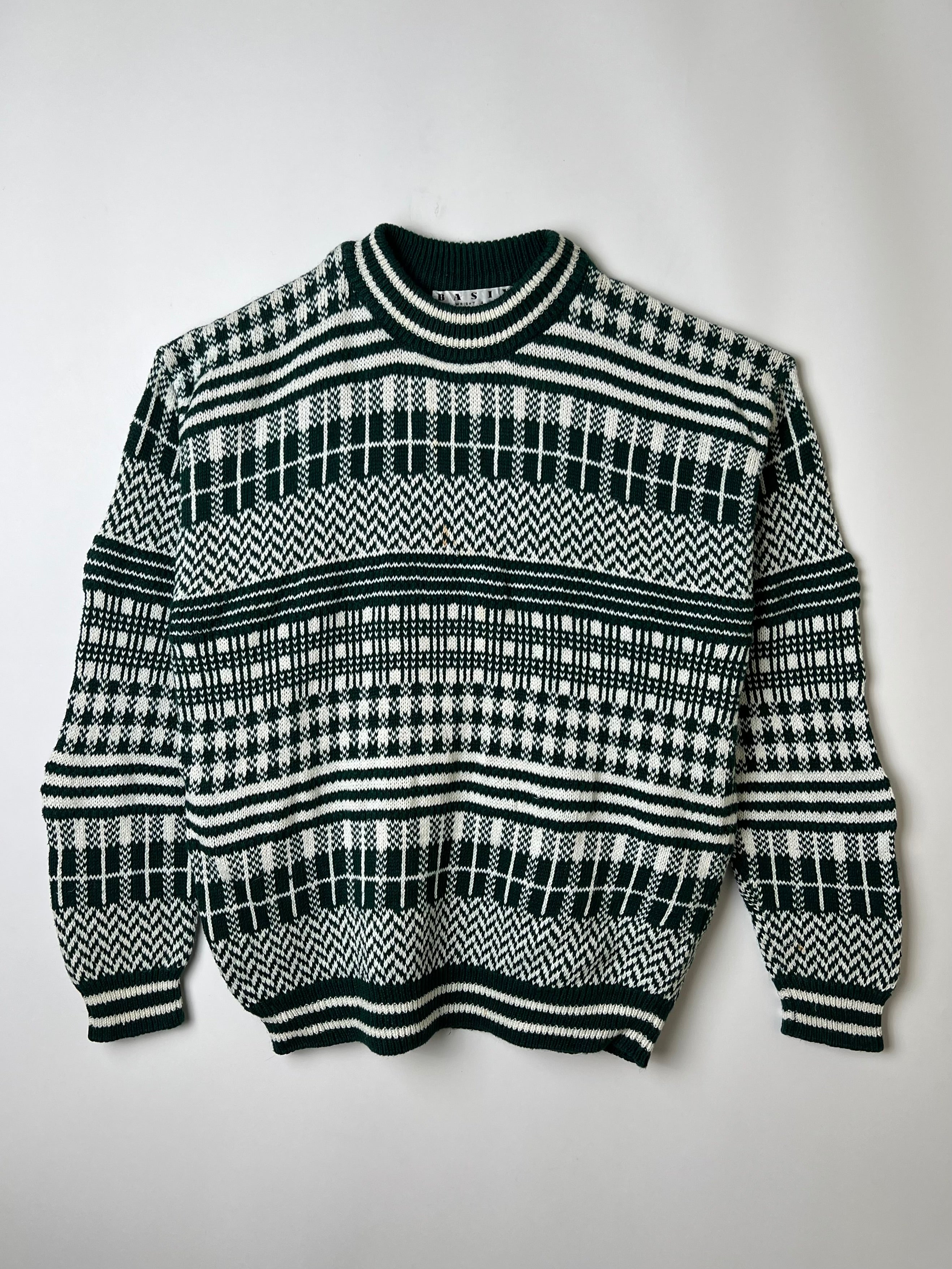 VINTAGE SWEATER COSBY PATTERN CRAZY KNIT WHITE GREEN - M