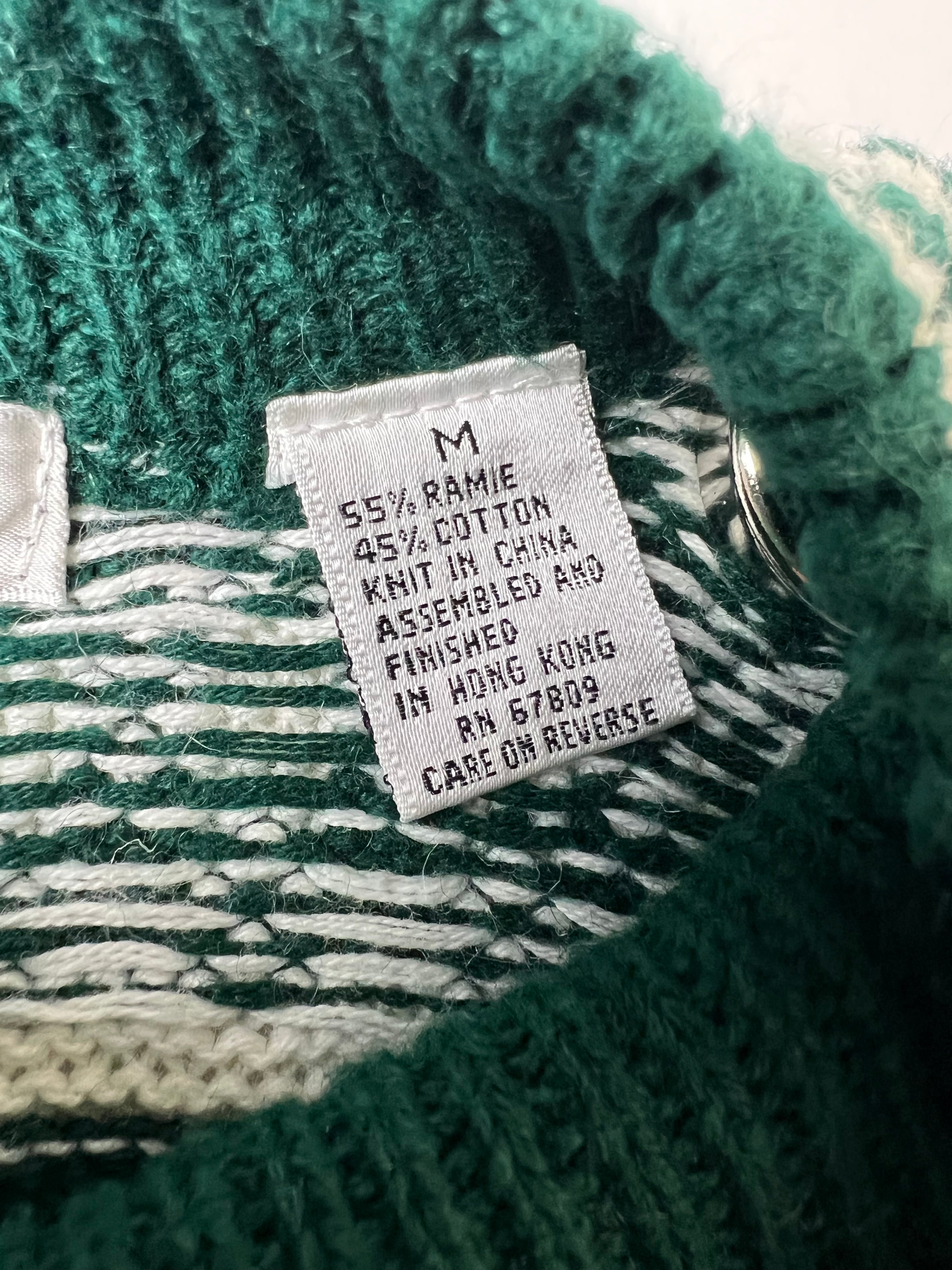 VINTAGE SWEATER COSBY PATTERN CRAZY KNIT WHITE GREEN - M