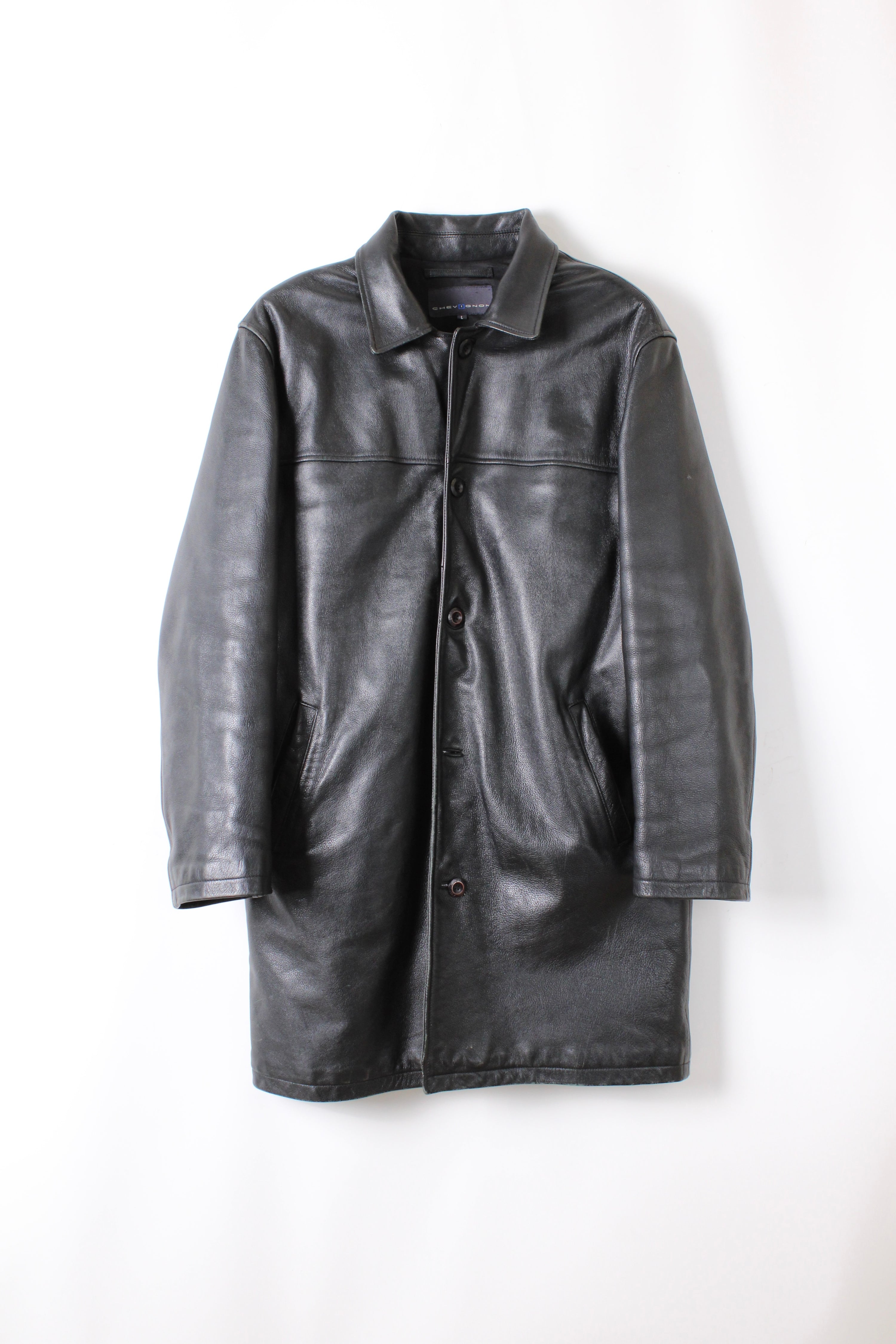 VINTAGE CHEVIGNON LEATHER TRENCH COAT BLACK - L