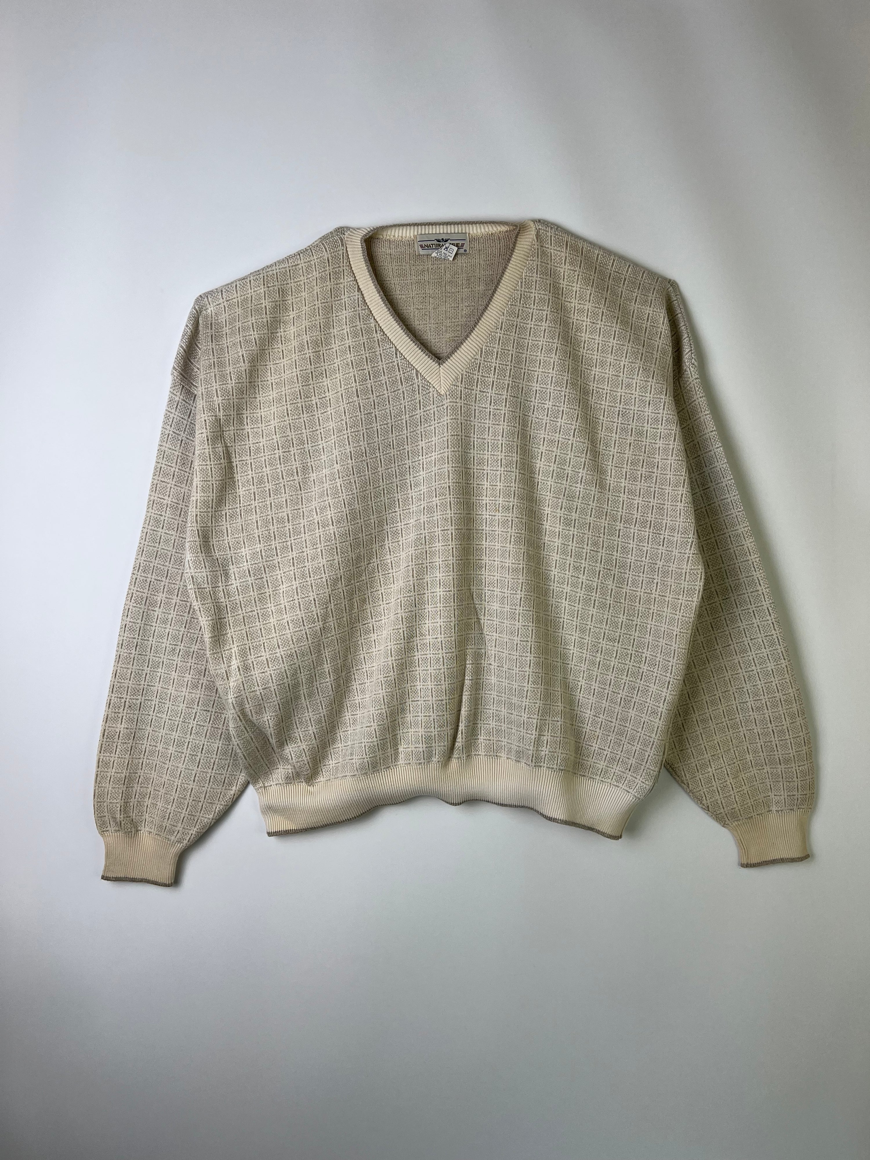 VINTAGE SWEATER COSBY PATTERN COTTON KNIT CREAM WHITE MADE IN USA - XXL