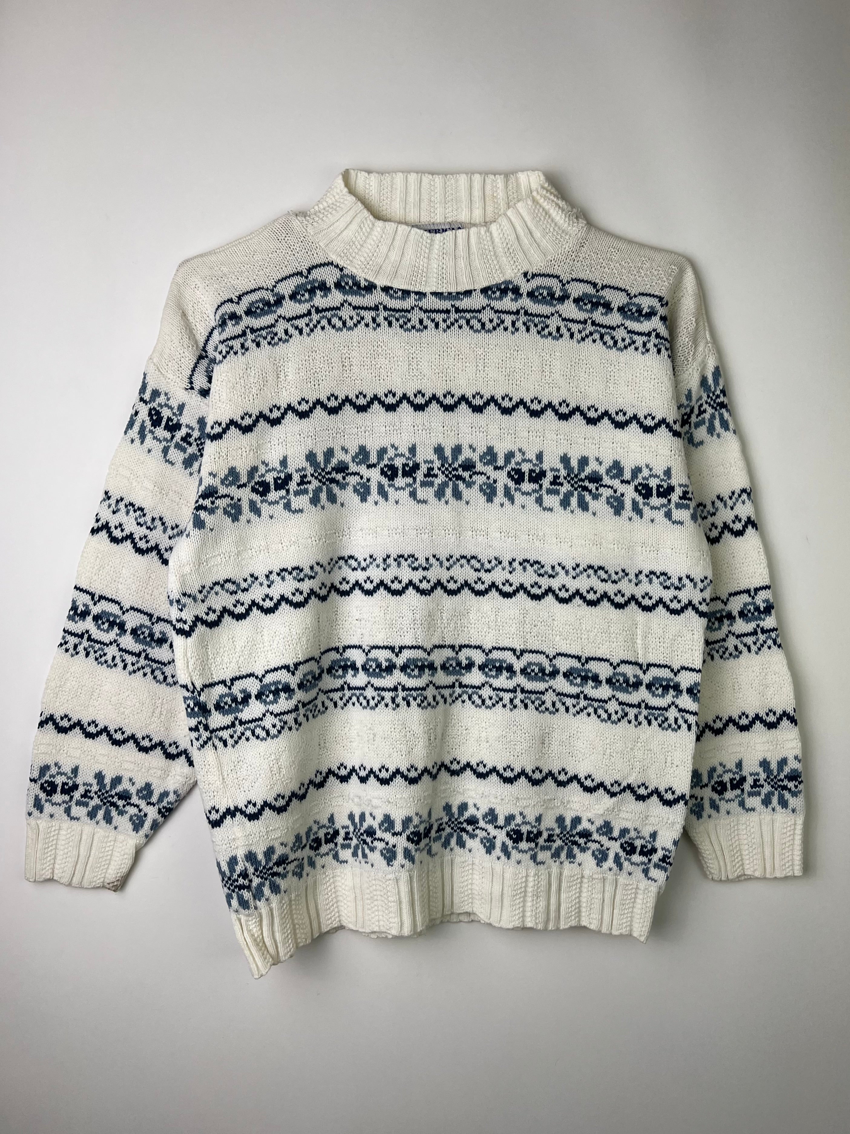 VINTAGE SWEATER CRAZY PATTERN KNIT WHITE MADE IN USA - XS