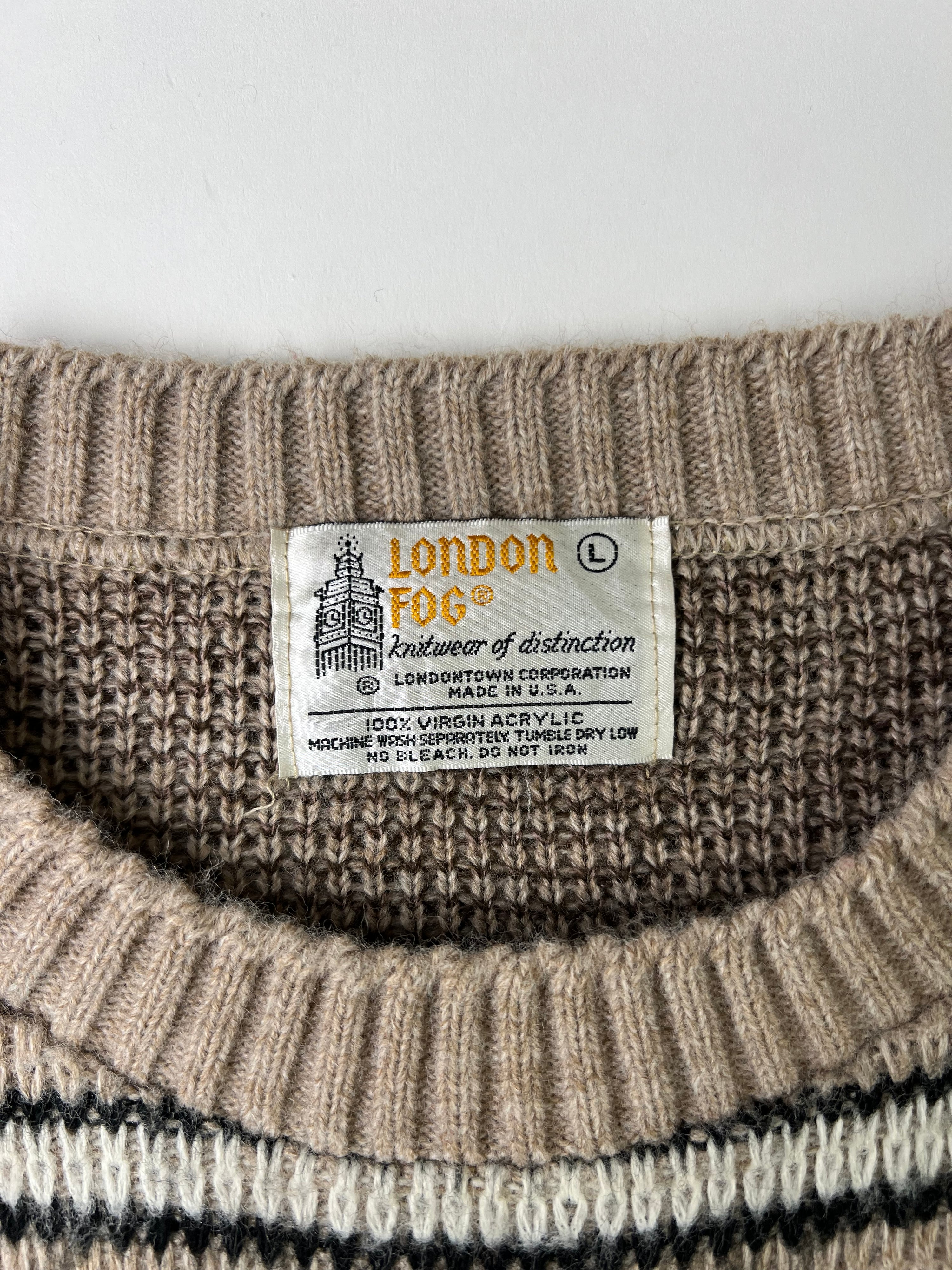 LONDON FOG SWEATER COSBY PATTERN CRAZY KNIT BROWN MADE IN USA - L