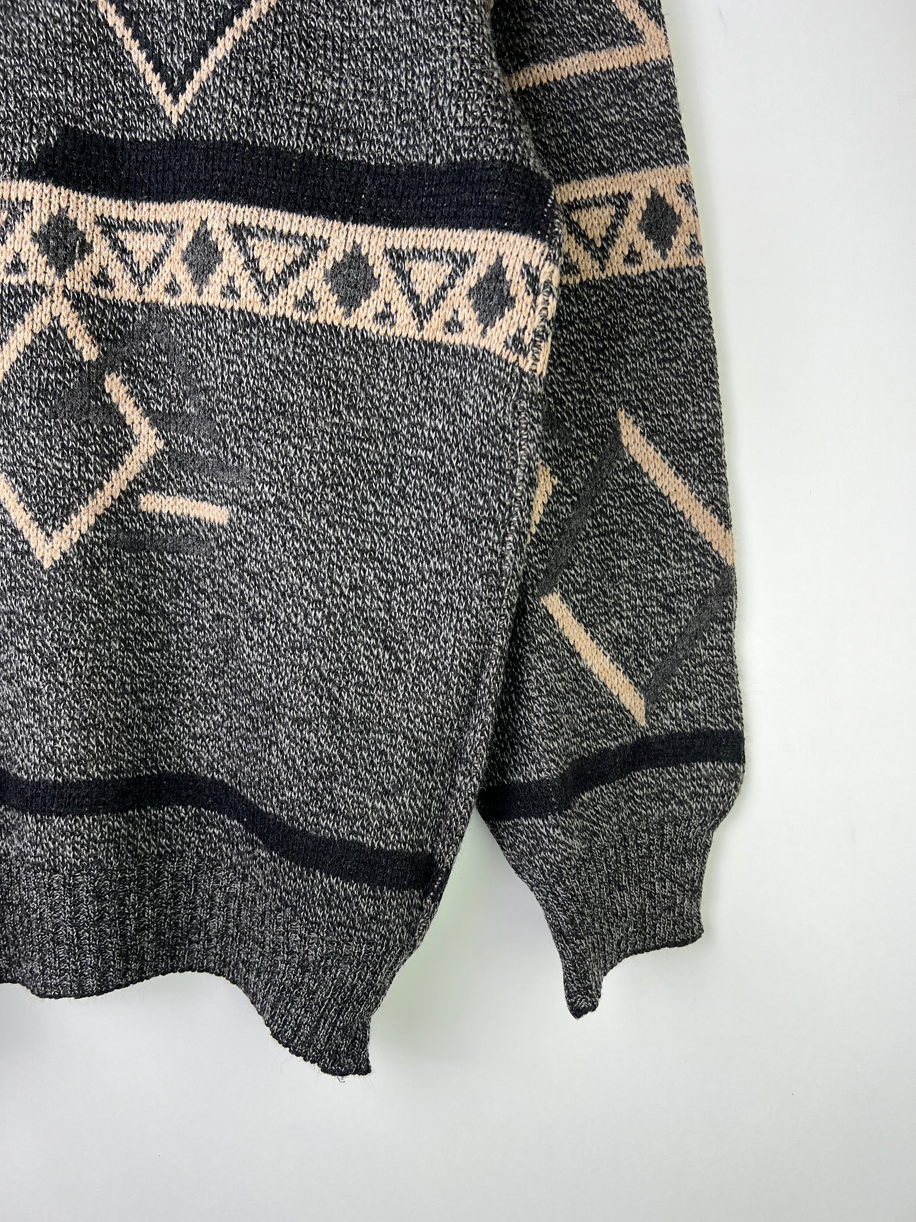 VINTAGE SWEATER COSBY PATTERN CRAZY KNIT GREY - L/XL
