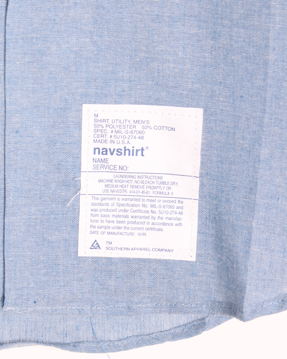 US ARMY VINTAGE NAVSHIRT CHAMBRAY WORK SHIRT LIGHT BLUE MADE IN USA - M