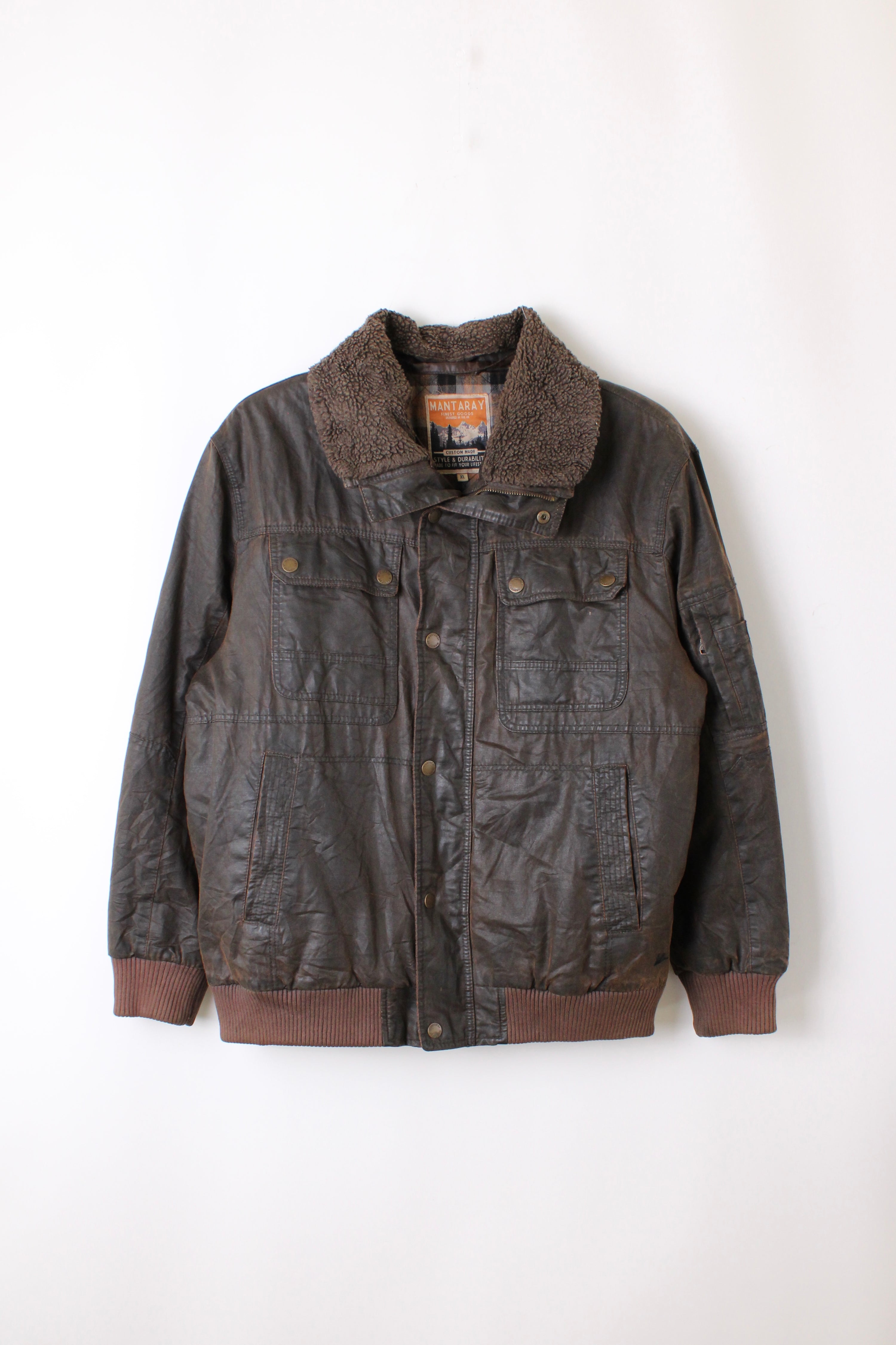 VINTAGE WAXED HUNTING BOMBER JACKET BROWN - XL