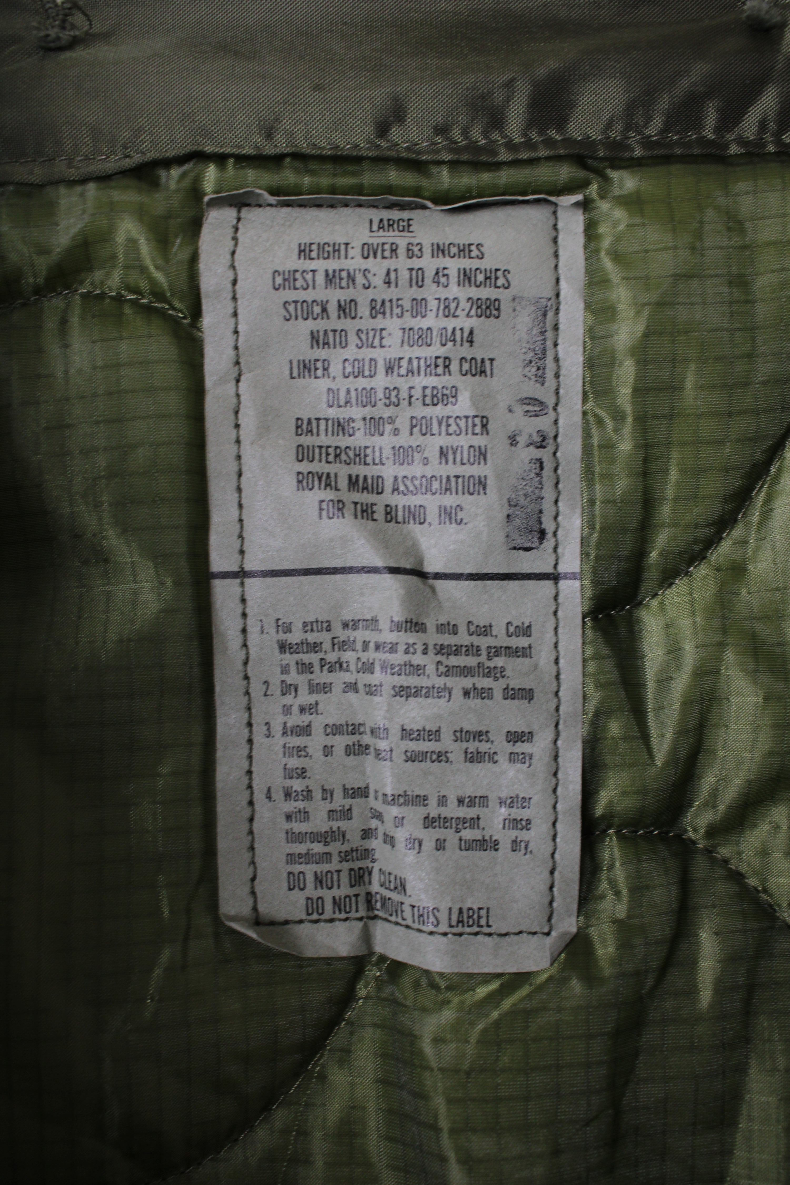US ARMY M-65 LINER OLIVE GREEN QUILTED JACKET