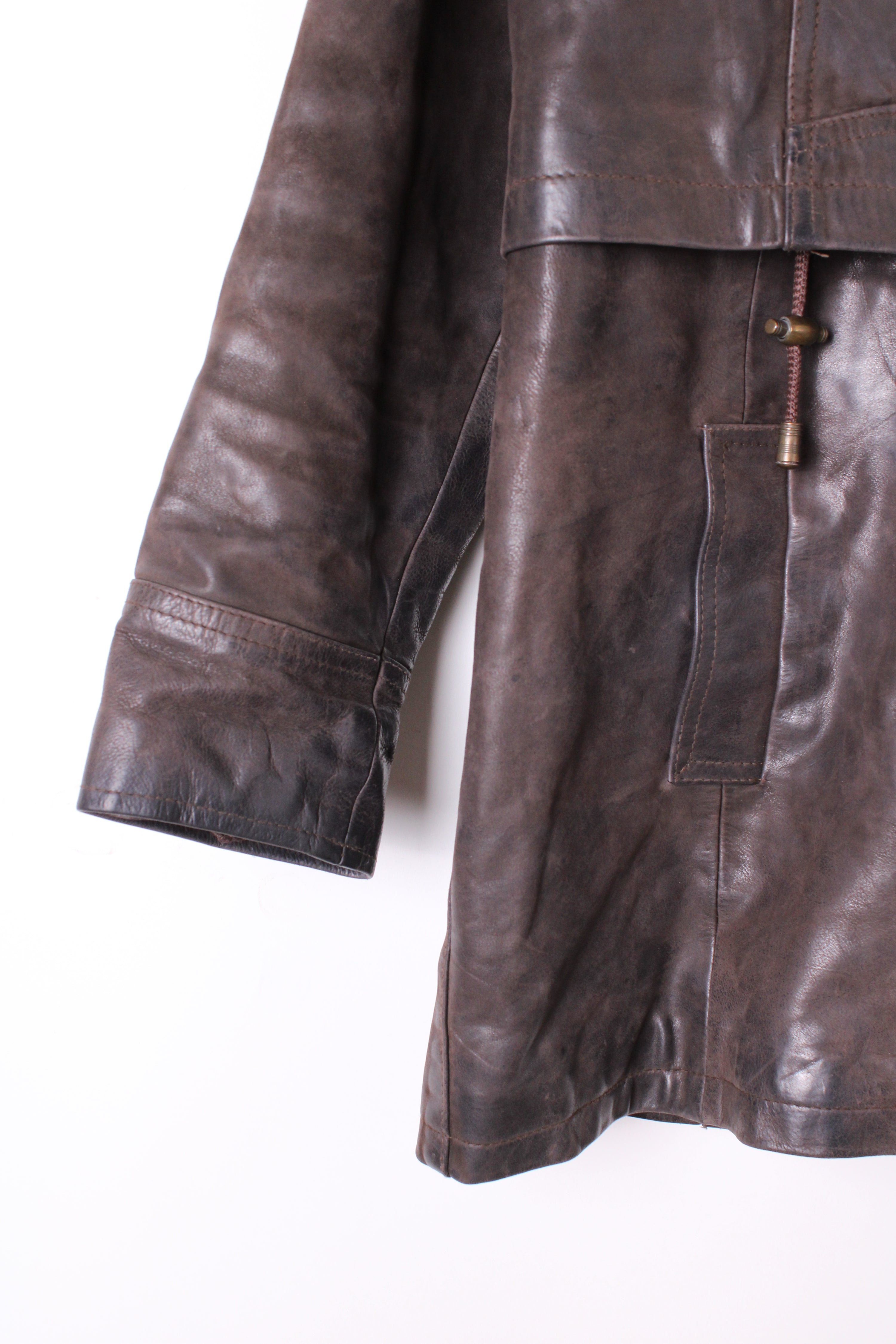 VINTAGE FIREMAN LEATHER JACKET BROWN PARKA - S/M